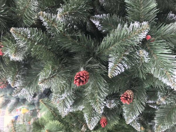 Штучна ялина РІЗДВЯНА з білими кінчиками, шишками та каліною червоною 200 см