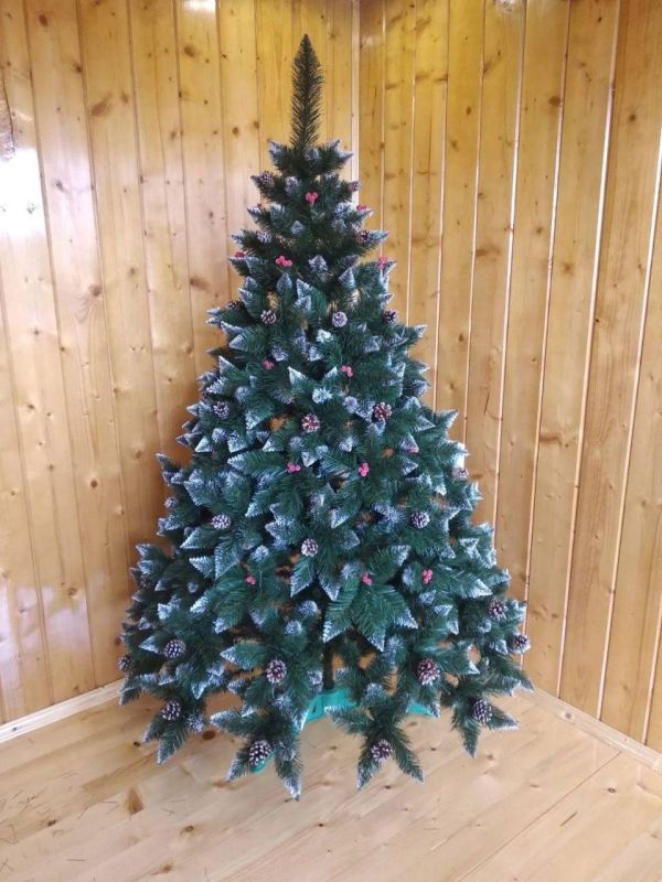 Искусственная ель РОЖДЕСТВЕНСКАЯ с белыми кончиками, шишками и калиной красной 250 см