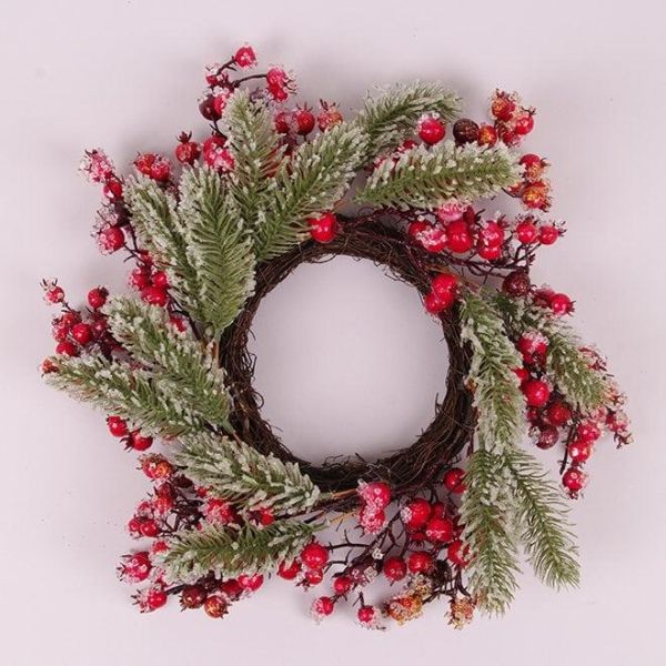 Вінок Новорічний засніжений із червоними ягідками 40 см. 75922