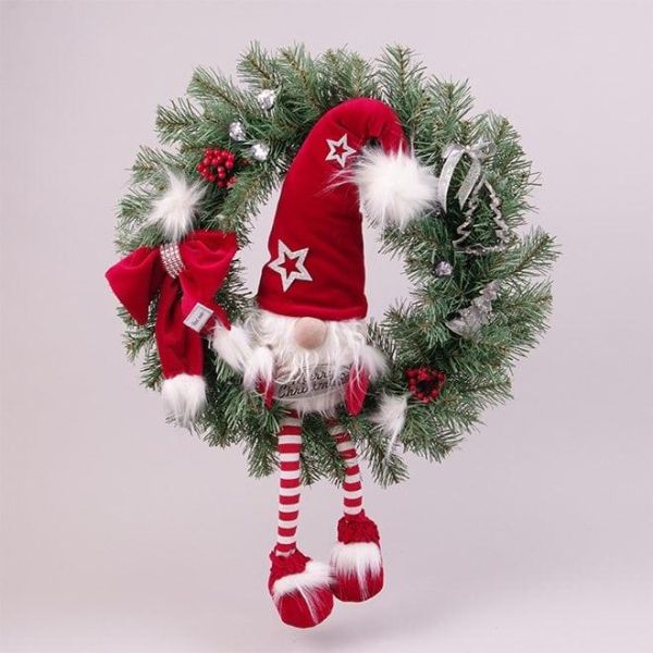 Новорічний вінок з гномом у червоній шапці 50 см. 16479