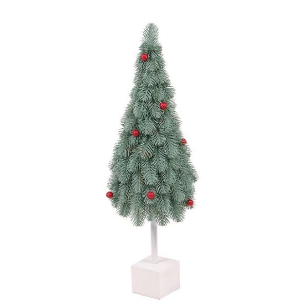 Ялинка лита на дерев'яній підставці блакитна з червоними кульками 62 см.