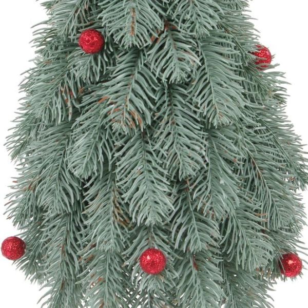 Елка литая на деревянной подставке голубая с красными шариками 62 см.