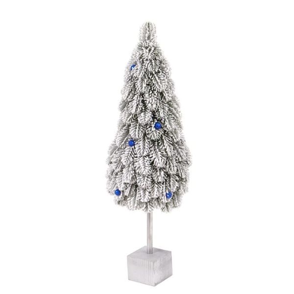 Ялинка лита на дерев'яній підставці засніжена із синіми кульками 62 см.