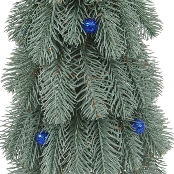 Елка литая на деревянной подставке голубая с синими шариками 62 см.